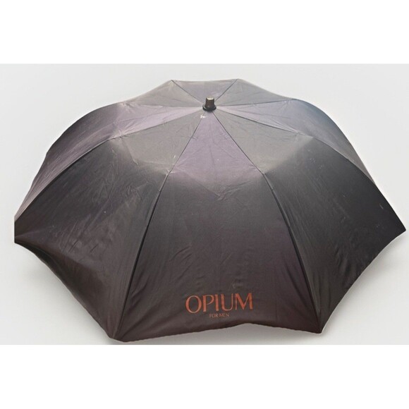 Vtg Yves Saint Laurent OPIUM Umbrella Bamboo Handle Blue Red Print Logo Italy - Picture 1 of 9